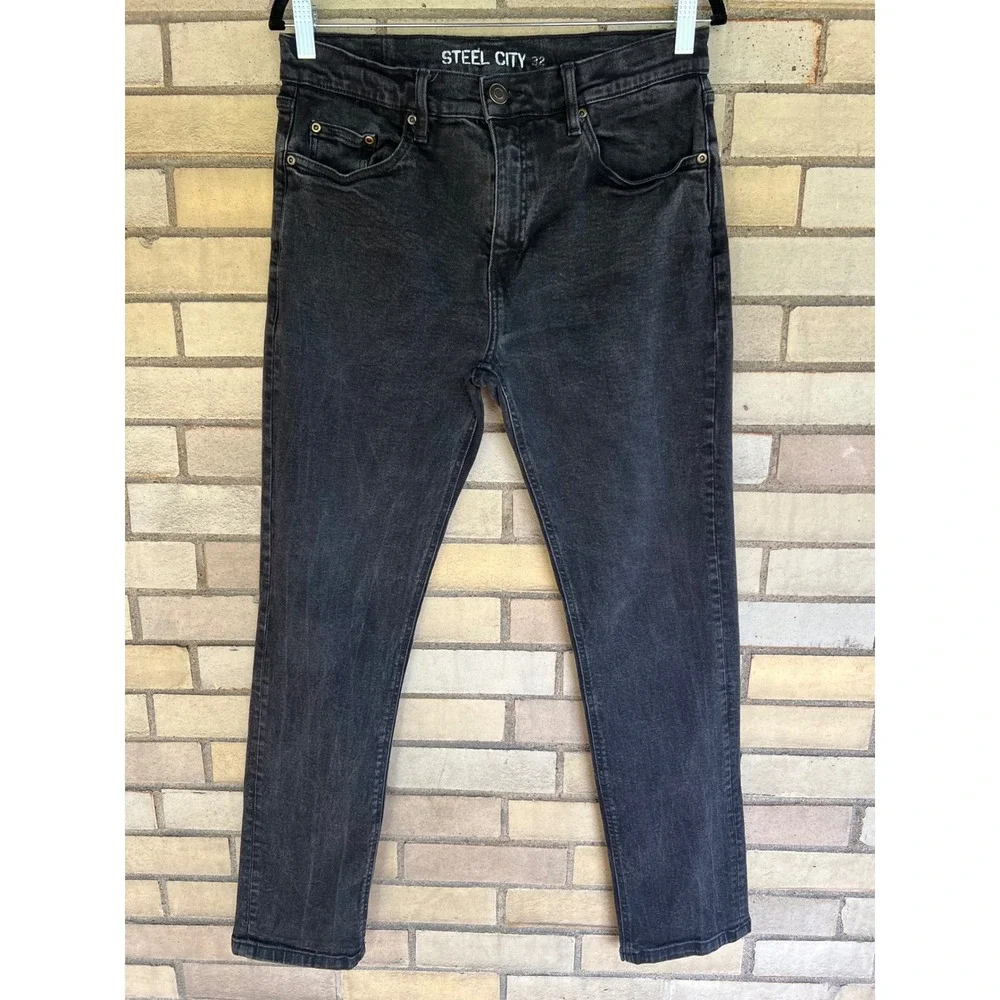 Steel City Faded Black Stretch Denim Slim Straight Jeans Mens Sz 32 Waist 32x29